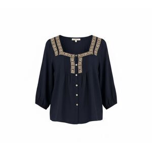 Chocol Raffine Embroidered Square Neck Button Front 3/4 Sleeve Blouse Navy XS